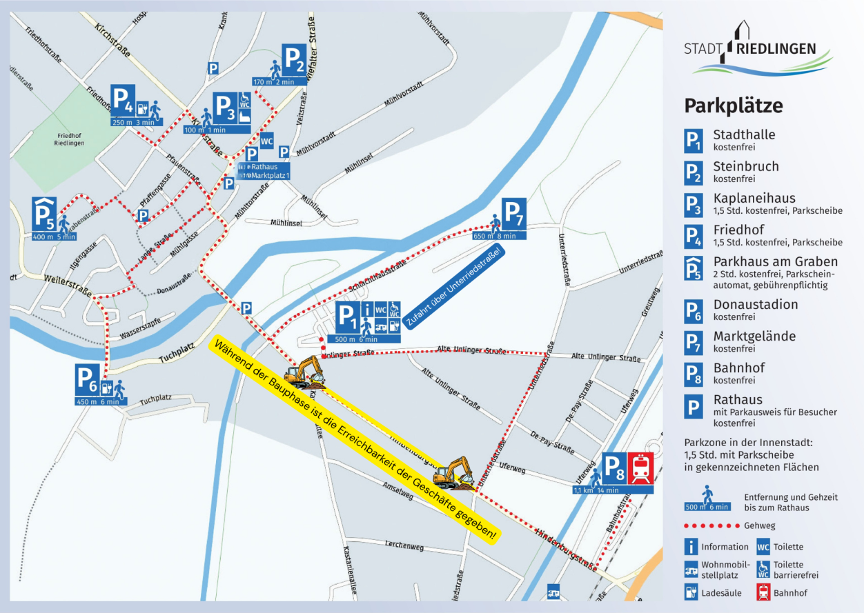 Übersichtskarte der Parkplätze in Riedlingen. Übersichtskarte der Parkplätze in Riedlingen.